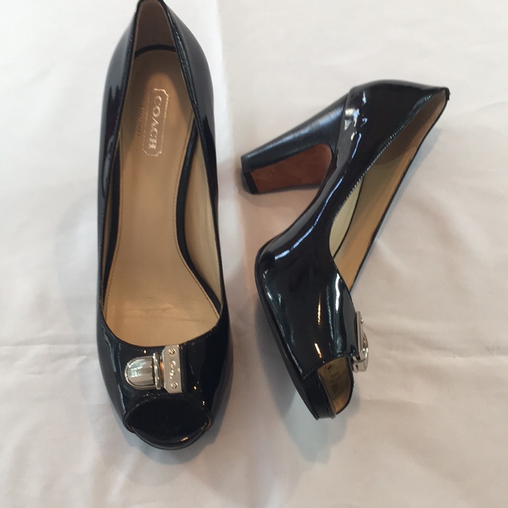 Coach Black patent leather peep toe pump wit SS buckle
